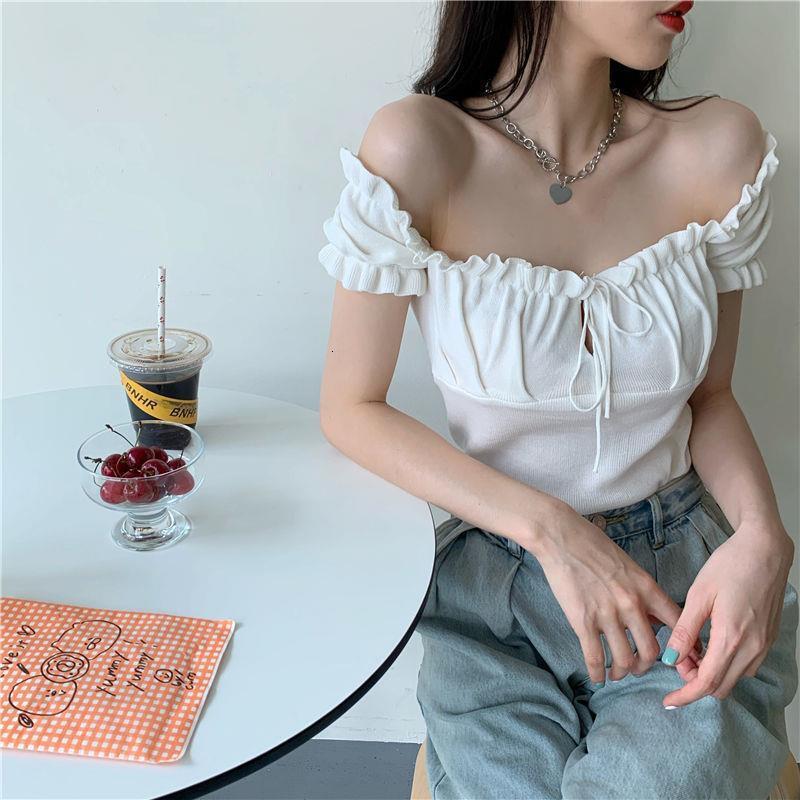 2025 Summer New Women's T-shirt New Pleated Ruffle Edge Off Shoulder Crop Top New Drawstring Slim Fit Sexy Short Sleeved Knitted New Designer T-s