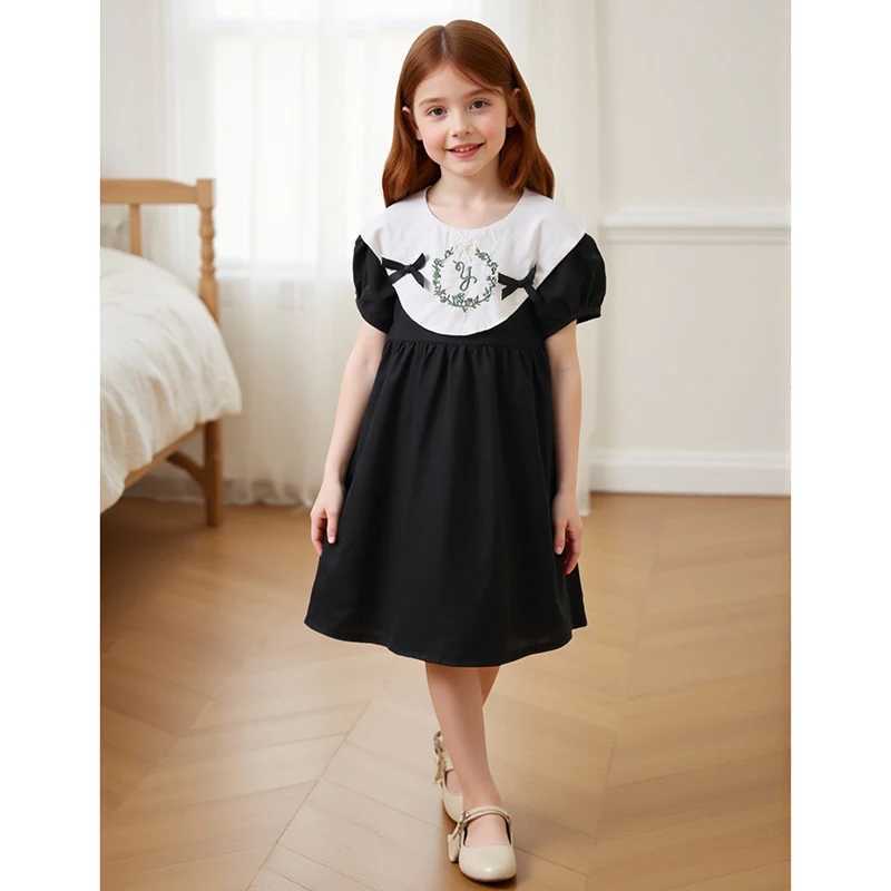 Summer Children Embroidery Flower 1-6Yrs Baby Girls Dress Infant Clothing Doll Collar Bubble Black Cotton Kids Party Bow Dress R250707