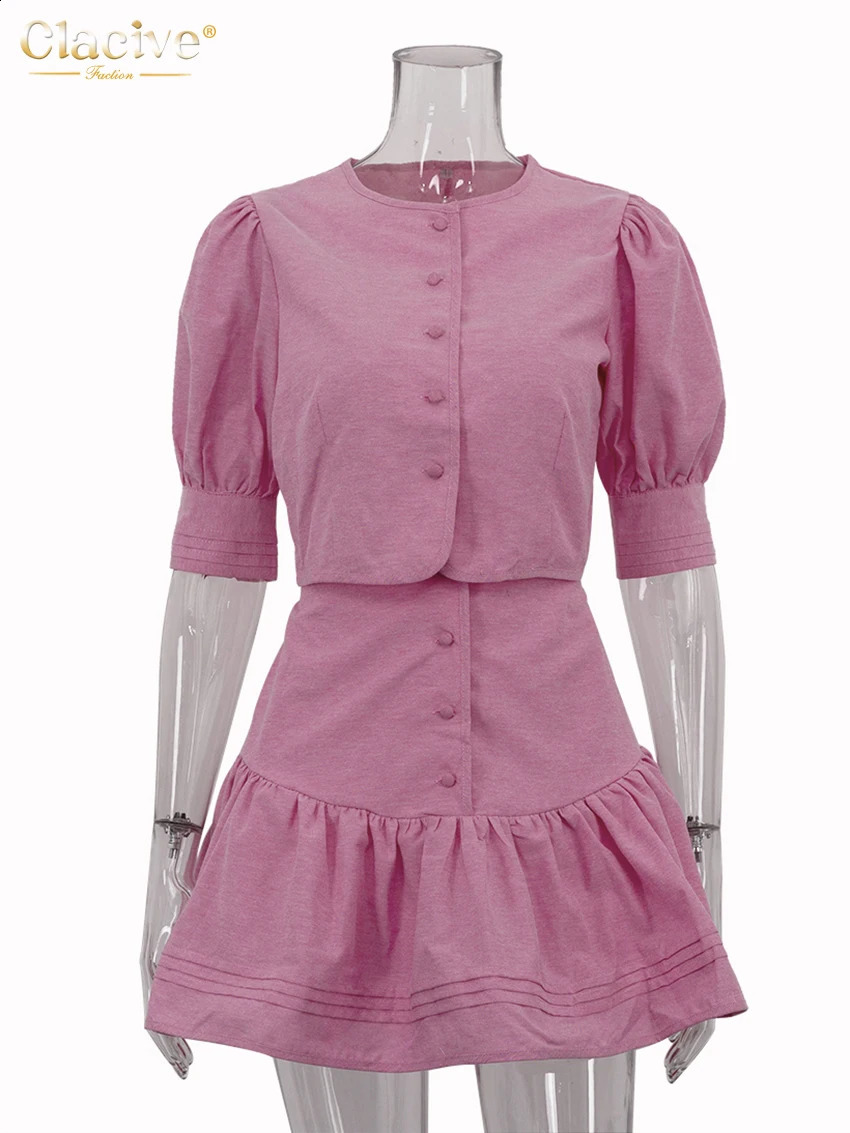 Clacive Fashion Slim Pink Cotton Woman 2 Piece Set Outfit Summer Short Sleeve Crop Top With High Waist Mini Skirt Set Female 250703