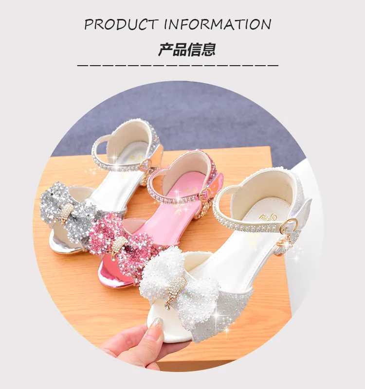 2025 New Childrens Summer Sandals Crystal Bowknot Girls High Heels Soft Sole White Princess Wedding Performance Shoes R250707