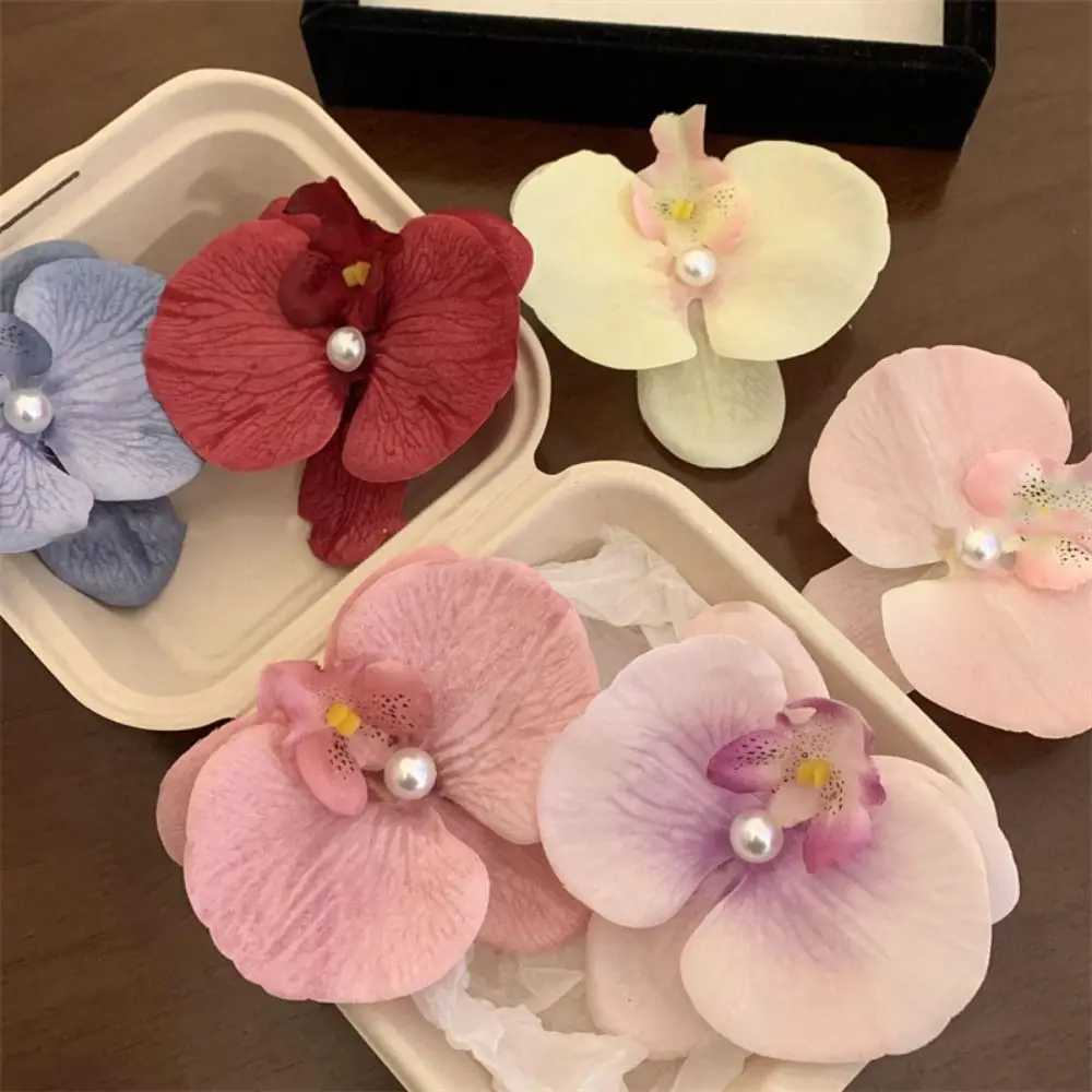 Orchid Butterfly Bow Flower Hair Clips Silk Flower Hairpin Phalaenopsis Pearl Duckbill Clip Hair Accessories for Vacation Photos Y250707
