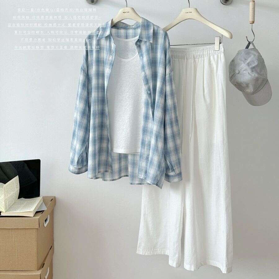 New Lazy Style Blue Plaid Long Sleeve Shirt Jacket For Spring, Autumn, And Summer, Versatile Outerwear Sun Protection Clothing B5