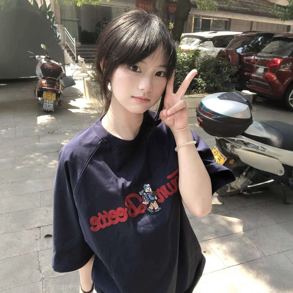 Korean Style Navy Blue Embroidered Bear Round Neck Short Sleeve T-Shirt For Women Summer New Loose Age-Reducing Top Trendy Brand B5