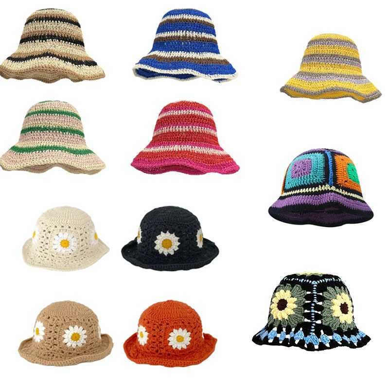 Crochet Flower Bucket Hat for Women Breathable Multi-color Weaving Wide Brim Bucket Hat Adult Teens Four Seasons Fisherman Cap Y250707