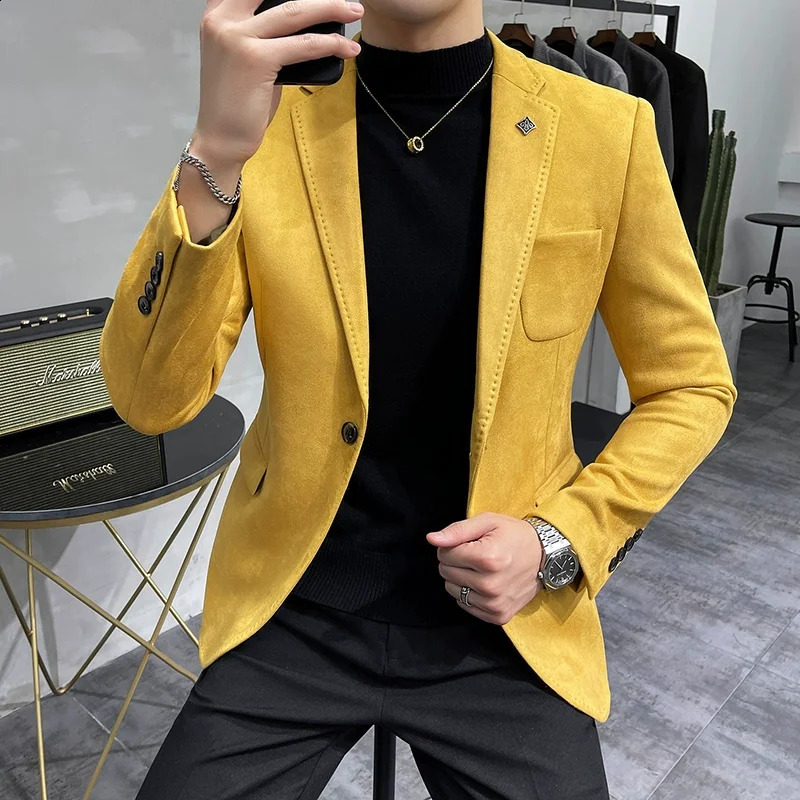 Mens Deerskin Fleece Jacket Suit Coat Blazer Business Leisure Slim Fit Fashion High Quality Single Button 250628