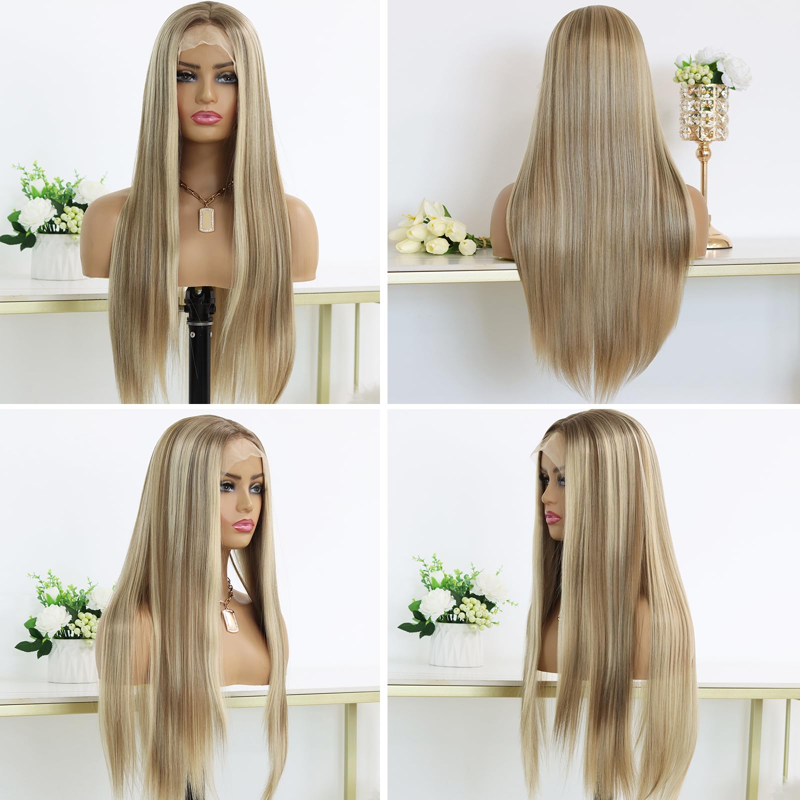 280 Density Highlight Blonde Colored Simulation Human Hair Brazilian Wig HD Transparent Straight Lace Front Wigs Preplucked Line Synthetic 13X4 Bone S