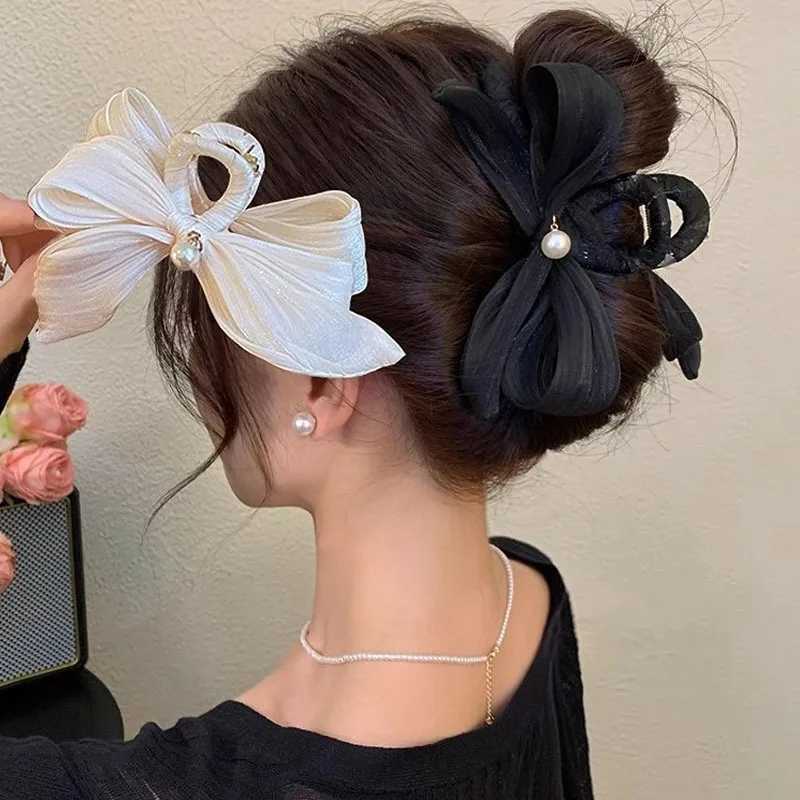 Mesh Bow Hair Clip for Woman Elegant Temperament Large Shark Clip Fashion Girl Ponytail Hair Clamp Z250707