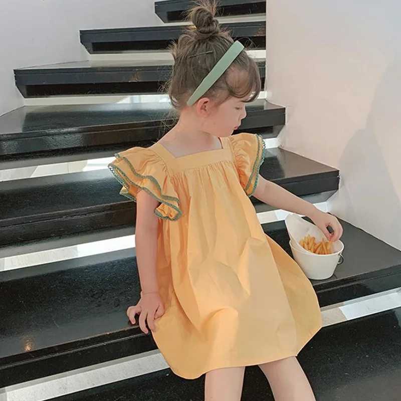 Girls Dress Flying Sleeves Square Collar Sweet Dress Princess Dresses 2022 Summer New Baby Kids Clothes Childrens Clothing R250707