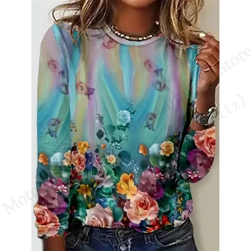 Floral 3D Print T-Shirt Casual Crew Neck Long Sleeve T-shirt Womens Clothing Fashion Casual Oversized Tops Tees Female 250703