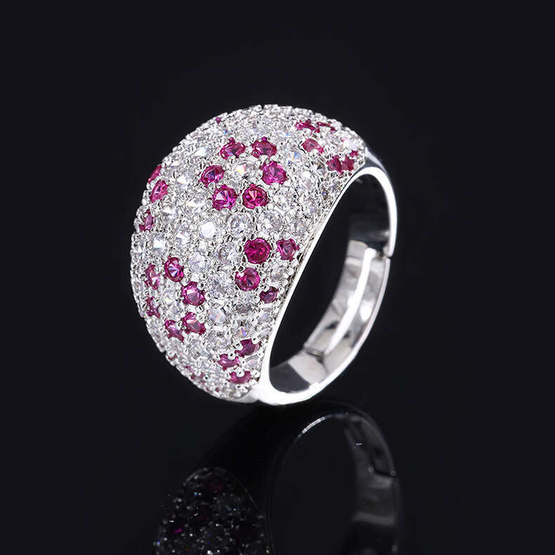 Huayoumei Jewelry Luxurious Full Diamond For Women, Colorful Gemstone Imitation Red Corundum Ring, Exaggerated Large Band Ring 1C4