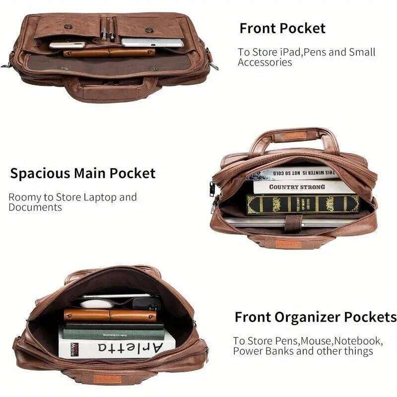 Vintage Messenger For Men 17 Inch Laptop Briefcase Multi Pocket Faux Leather Shoulder Business Crossbody Bag Travel