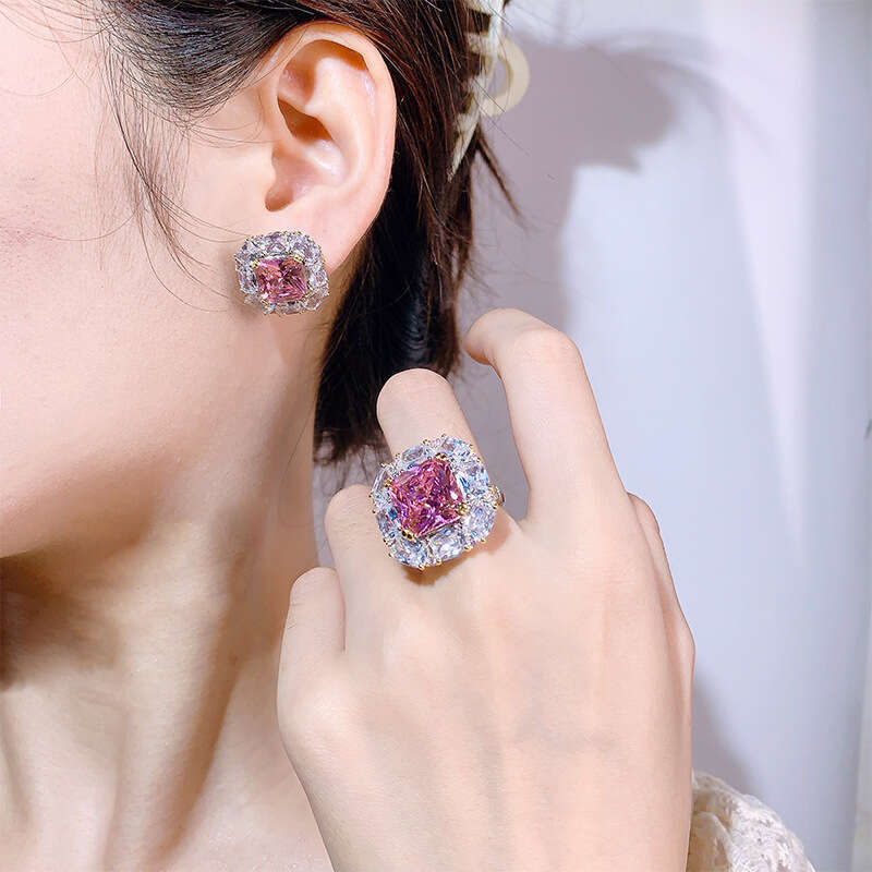 New Style Jewelry Set Paraiba Pink Zircon Cubic Elegant High Stud Earrings Ring 630