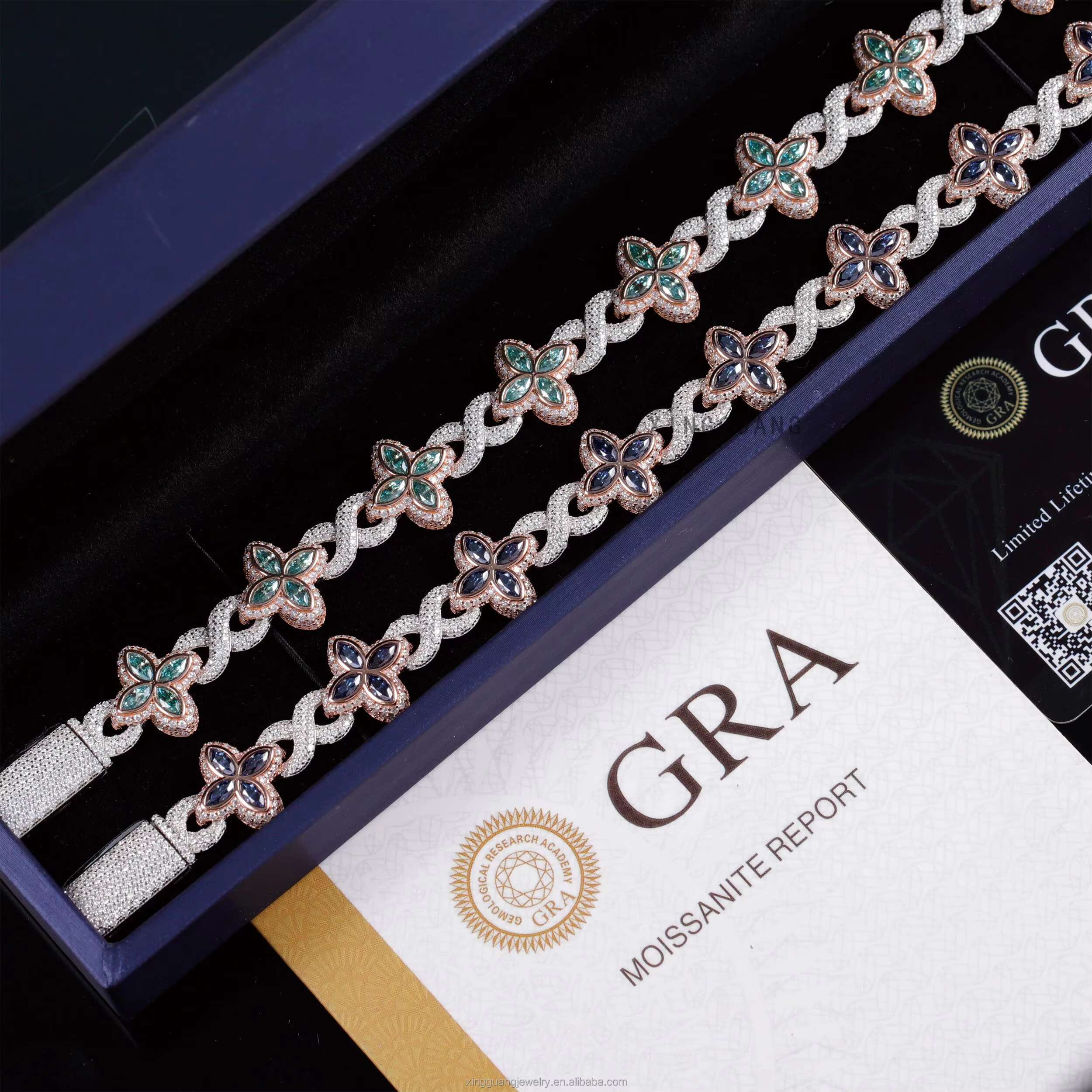 New Fashion Four Leaf Clover Bracelet 925 Sterling Silver Colored Marquise Moissanite Infinity Link Clover Cuban Bracelet