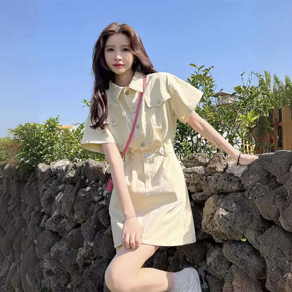 Elegant High-End For Women Summer New Niche Design Hong Kong Style Waist-Cinching A-Line Short Dress B5