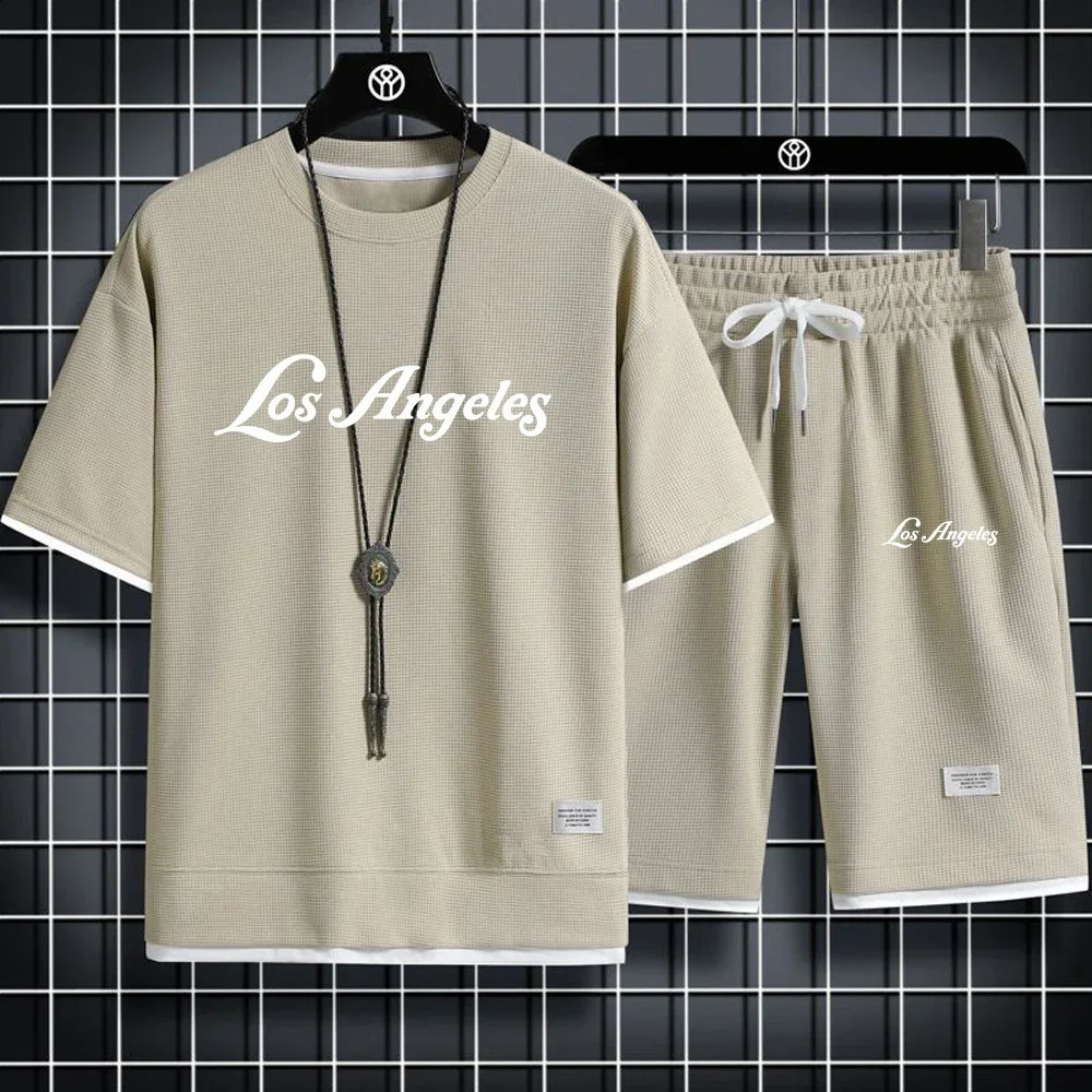 Sports Tshirt and Shorts Set Summer Mens Simple Casual Waffle Shaped Short Sleeved Set 250707