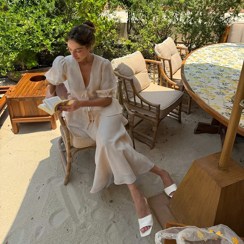 Linad Summer V-Neck Puff Sleeve A-Line Long Skirt 2 Piece Sets Woman Outfit Fashion Folds Khaki Loose Set Pure Cotton Woven Suit 250703