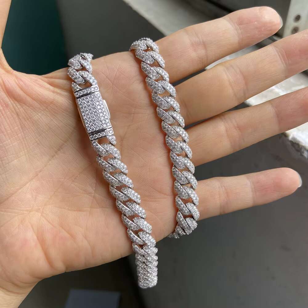 10mm Width Chain Moissanite Diamond Sterling Silver Solid S925 Cuban Chain White Gold Plating Hip Hop Cuban Chain
