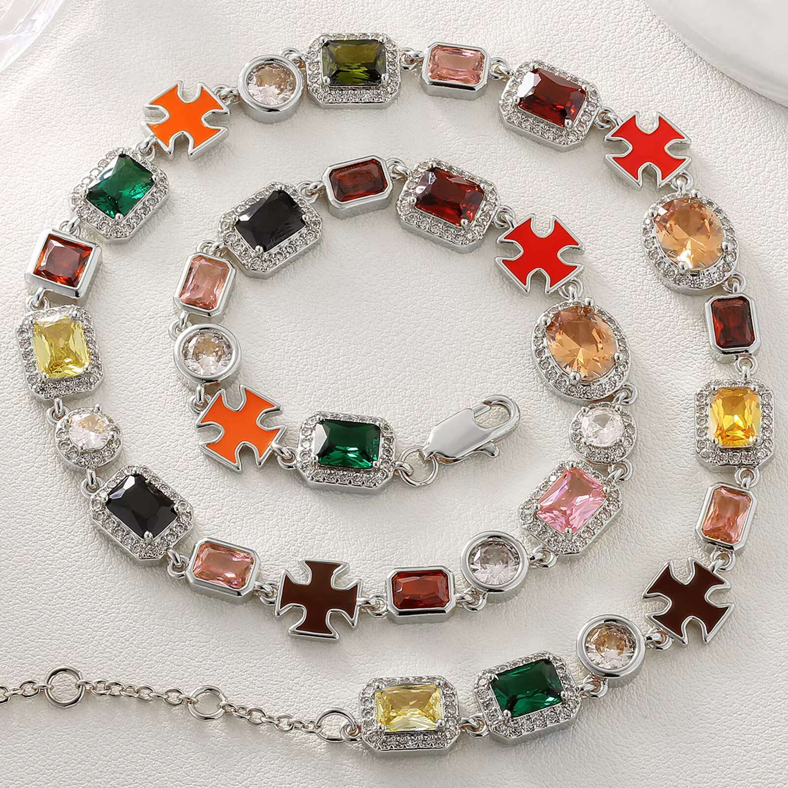 10MM Multi Color Stone Necklace Men Women Hip Hop Jewelry Gemstone Red Blue Black CZ Adjustable Chain Colorful Zirconia Necklace
