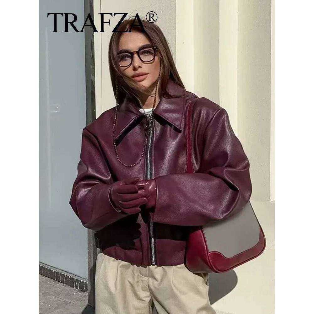 TRAFZA Women Autumn Fashion Bury Faux Leather Jackets Zipper Casual Lapel Long Sleeves Coat Female High Street PU Outerwear