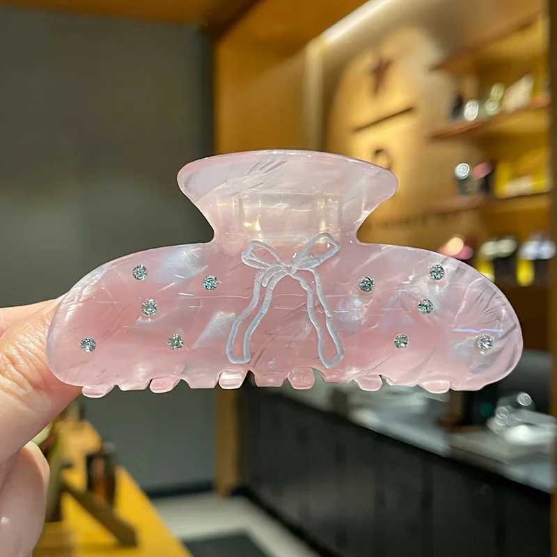 Elegant Acrylic Hair Claw Clip with Rhinestone Embellishments Pink Bow Design Anti-Slip Grip Fashionable Daily Wear Accessory Y250707