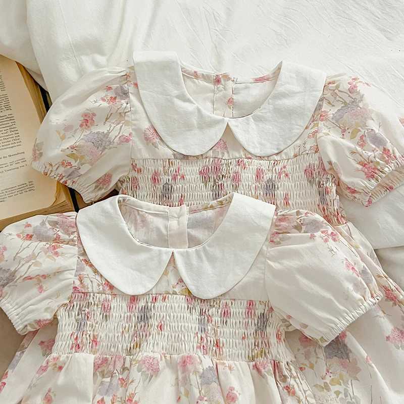 New Summer Sister Matching Outfits Pink Princess Dress Sister Baby Girls Clothes Puff Sleeve Floral Romper Cotton Dress One-Pieces R250707