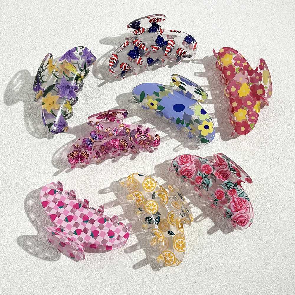 Transparent Colorful Printed Flower Butterfly Lemon Strawberry Hair Clip Claw For Women New Acrylic Barrettes Hair Accessories Y250707