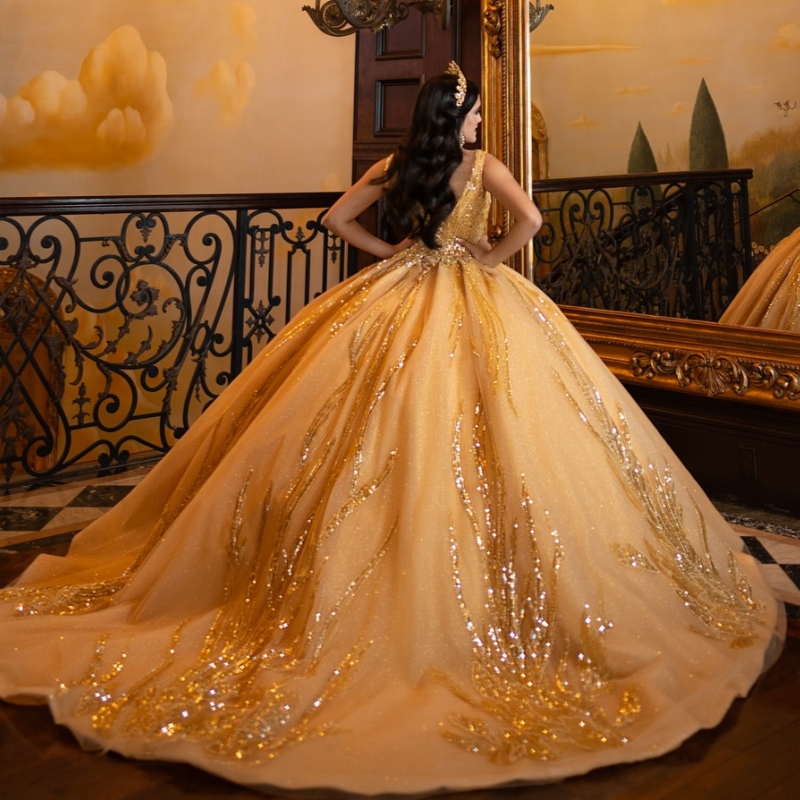 Gold Shiny Quinceanera Dresses Ball Gown Off The Shoulder Beading Crystal Tull Party Birthday Sweet 16 Dress Vestidos De 15 Anos