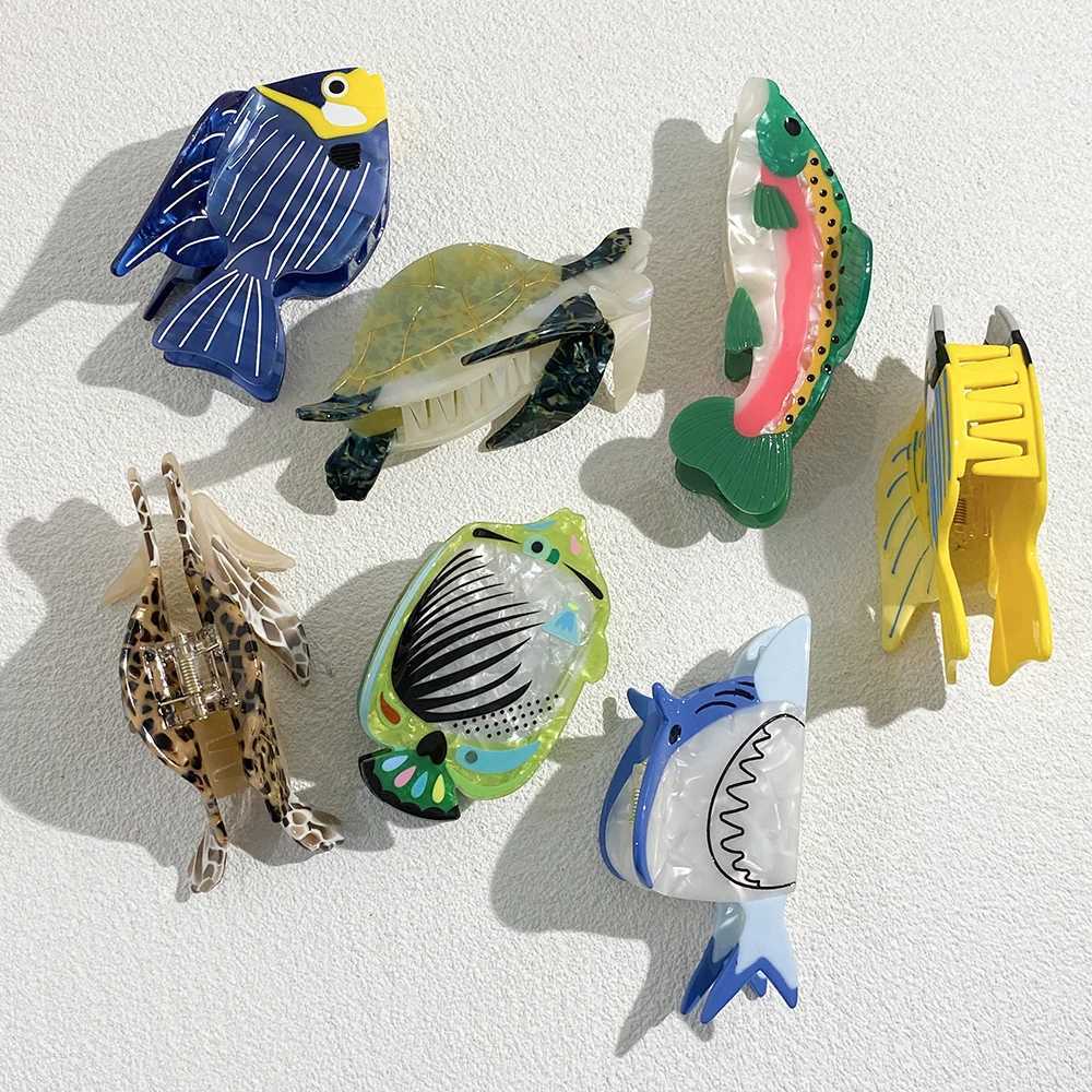 Creative Funny Acetate Tortoise Sturgeon Fish Shark Hairpin Oversize Marine Animal Barrettes Thick Hair Clip Claw Accessories Y250707