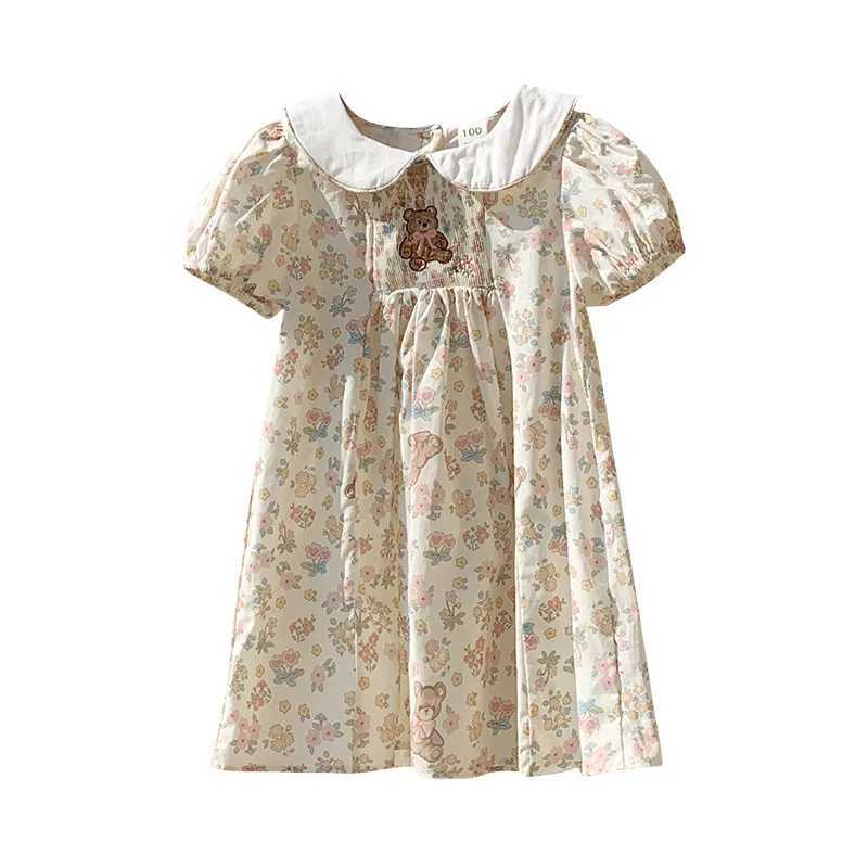 Little Bear Embroidered Short Sleeve Girls Dress 2025 Summer New Style Doll Collar Western Printed Children Dress R250707
