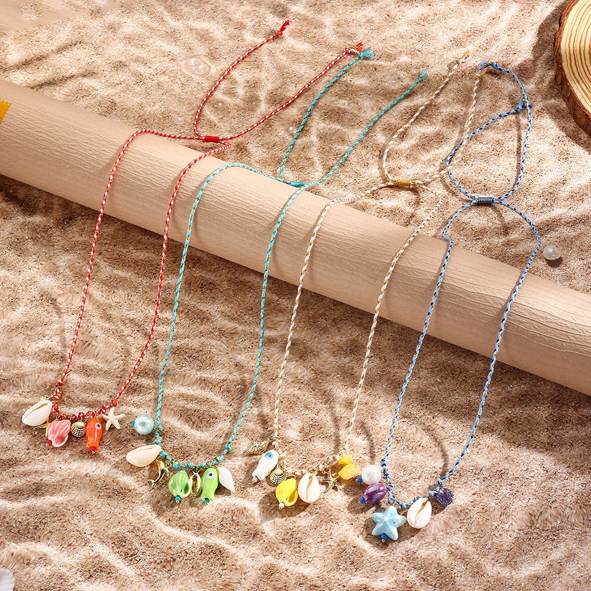 2025 Fashion Colorful Rope Woven Shell Starfish Ceramic Small Fish Pendant Necklace Womens Summer Bohemian Jewelry 250704