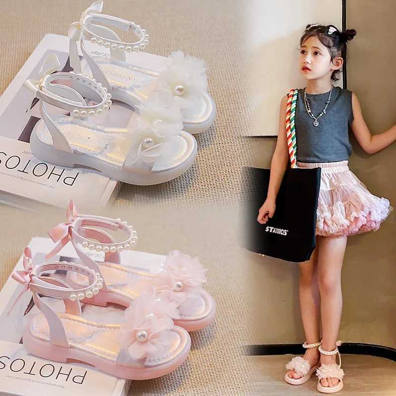 Girls Pearls Sandals with Lace Beaded Princess Kids Gladiator Sandals Princess Sweet 2024 Summer Kids Beach Shoes with Bow-knot R250707