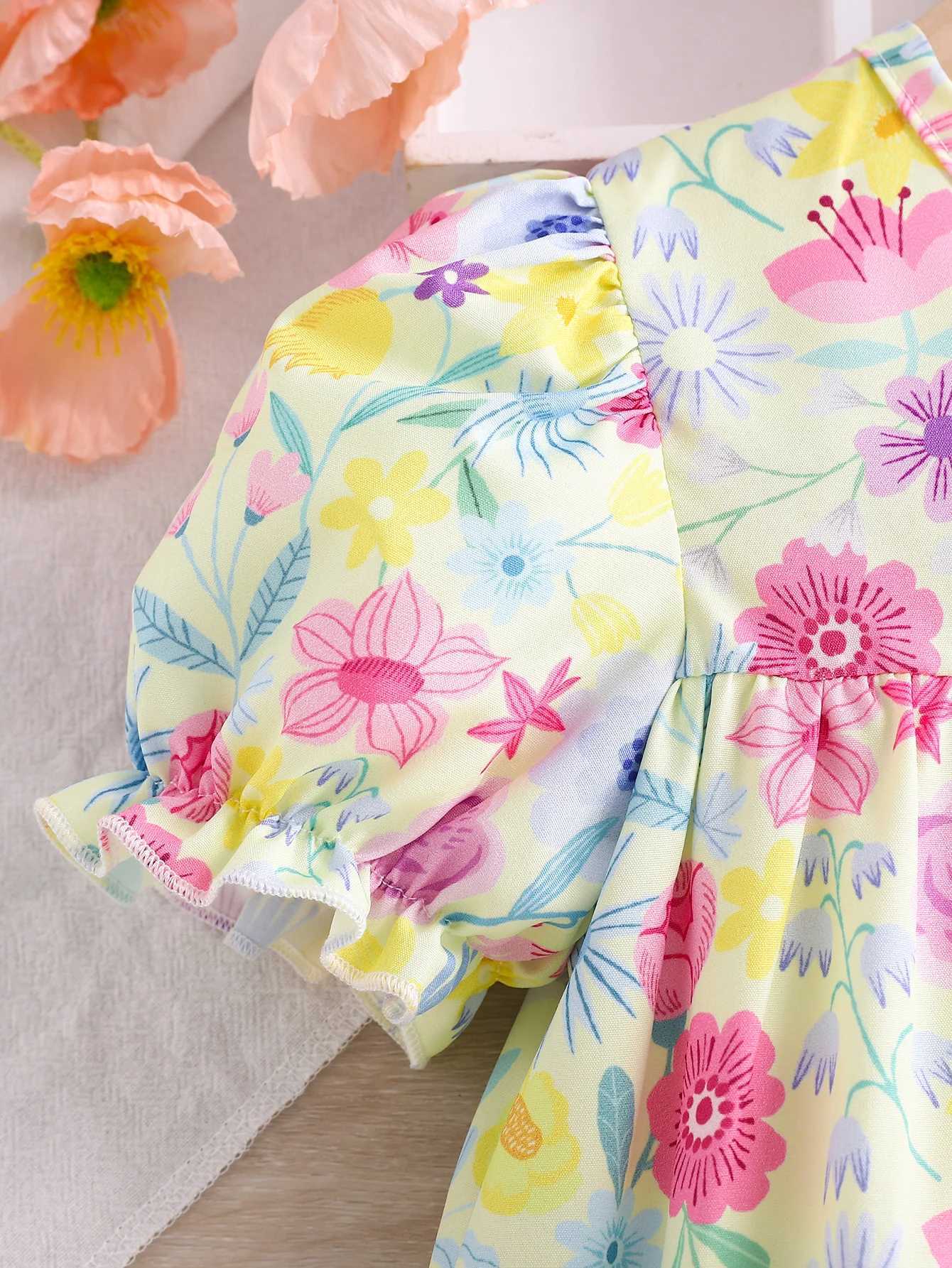 Small Floral Girls Summer Dress Thin Childrens Dress Puffed Sleeves Summer Girls Short-Sleeved Cute Floral Dress R250707