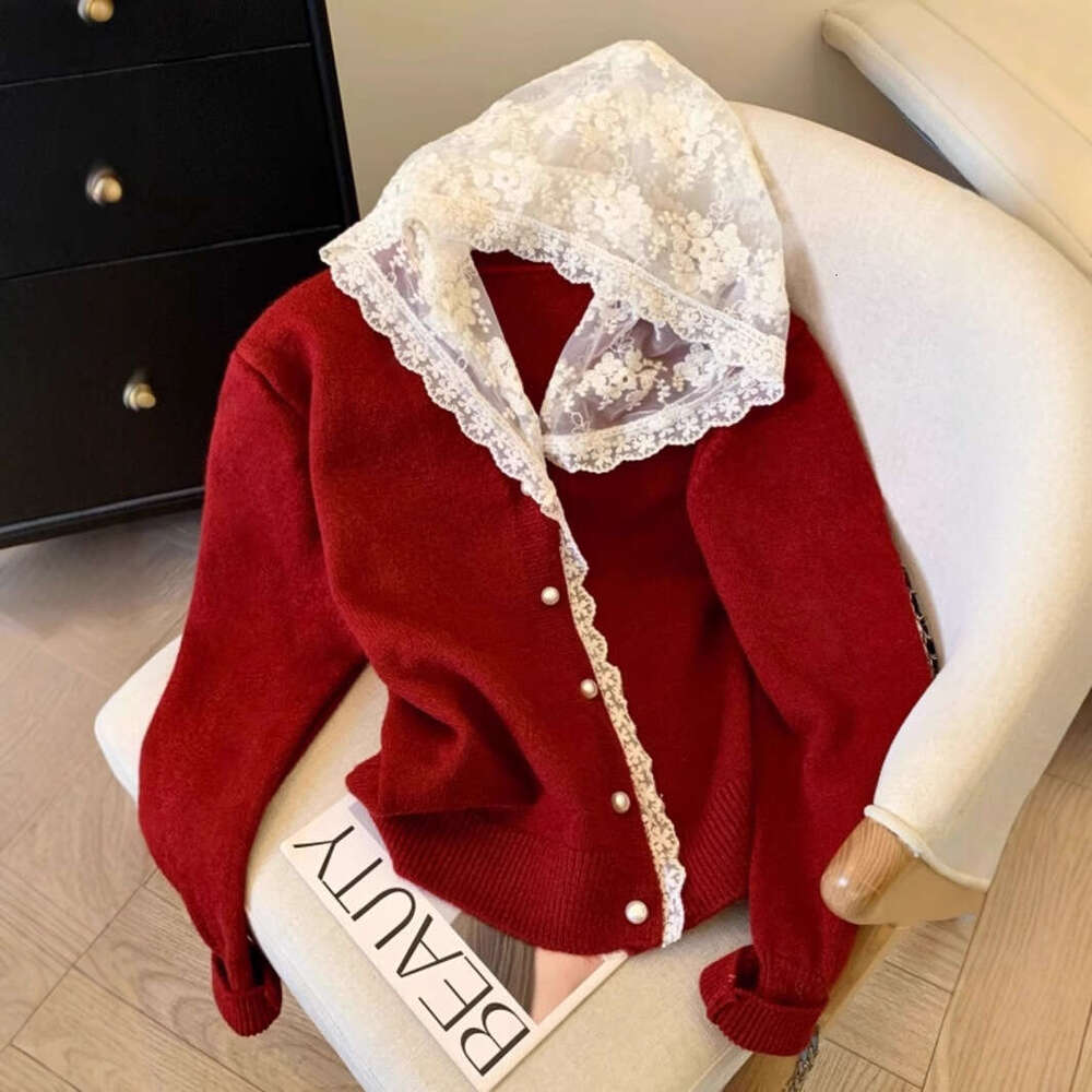 French Lace Patchwork Hooded Long Sleeve Knitted For Women Autumn Winter New Versatile Age-Reducing Slimming Sweater Top B5