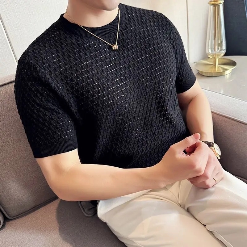 Korean Breathable Hollow Knitted Round Neck Short-sleeved T-shirt for Mens Summer Thin Casual Slim Fit Trendy T-shirt 250617