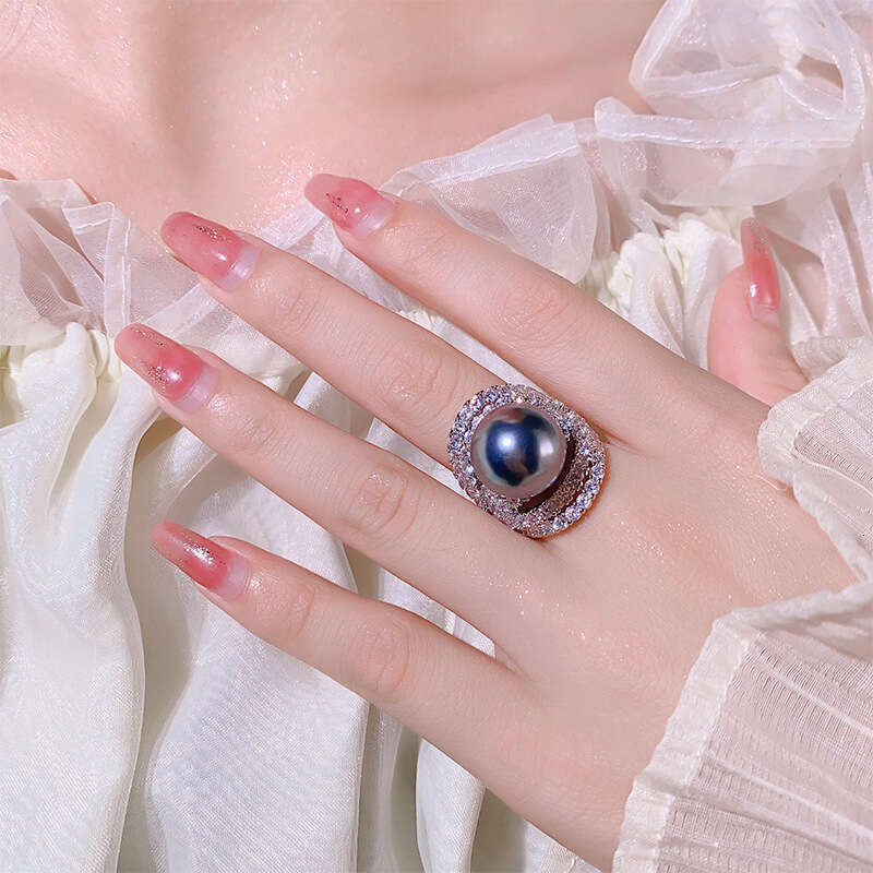 Huayoumei Hollow Zircon Internet Celebrity Tahitian Deep Sea Pearl Inlaid With Diamonds Empty Setting Ring 875