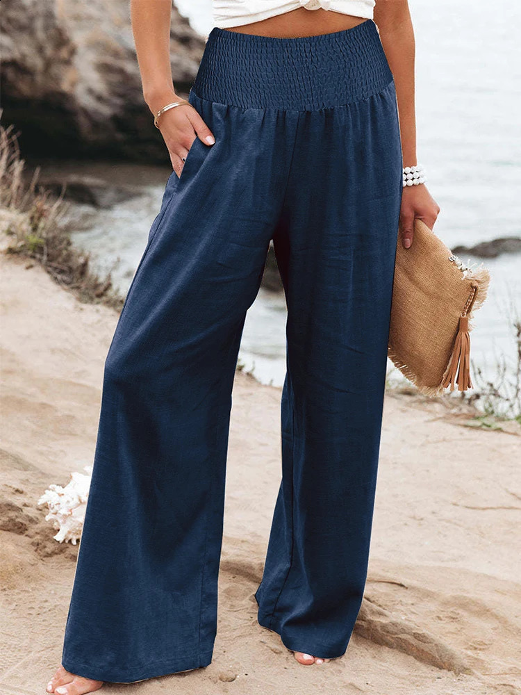 plus Size High Waist Wide Leg Cotton Linen Pants Elastic Trousers Retro Fashion Casual Spring Summer 250628