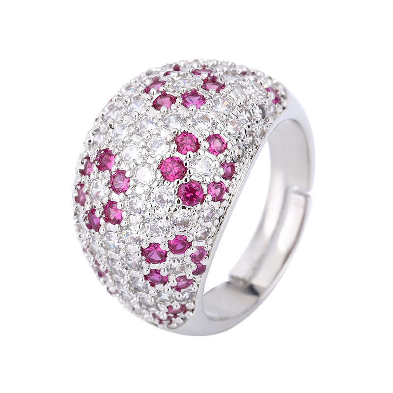 Huayoumei Jewelry Luxurious Full Diamond For Women, Colorful Gemstone Imitation Red Corundum Ring, Exaggerated Large Band Ring 1C4