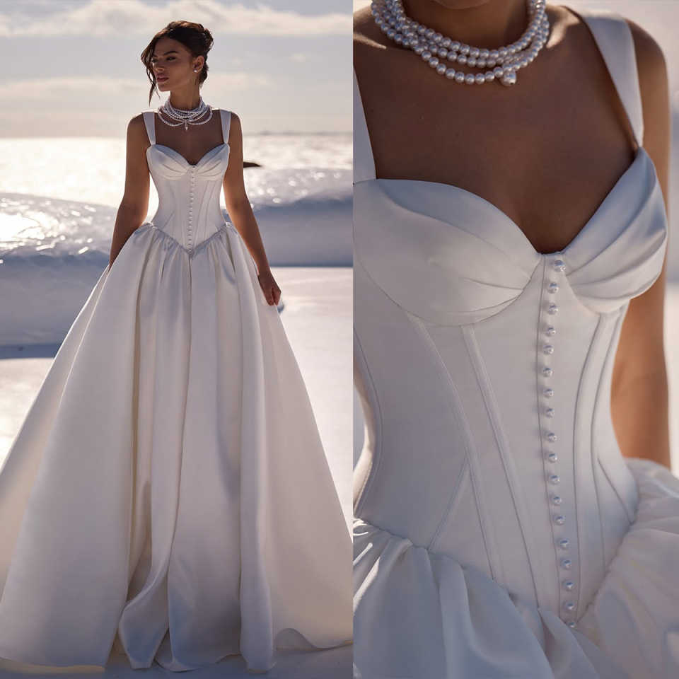 Elegant A Line Women Wedding Dress Sleeveless Sweetheart Neck Lace Up Bridal Gowns Pearls Beaded Sweep Train Dress Custom Made vestidos de novia