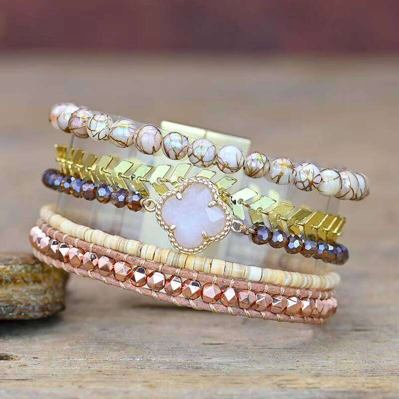 bohemian Handmade Rose Quartz Healing Plum Blossom Shape Natural Stone 5 Layer Bracelet