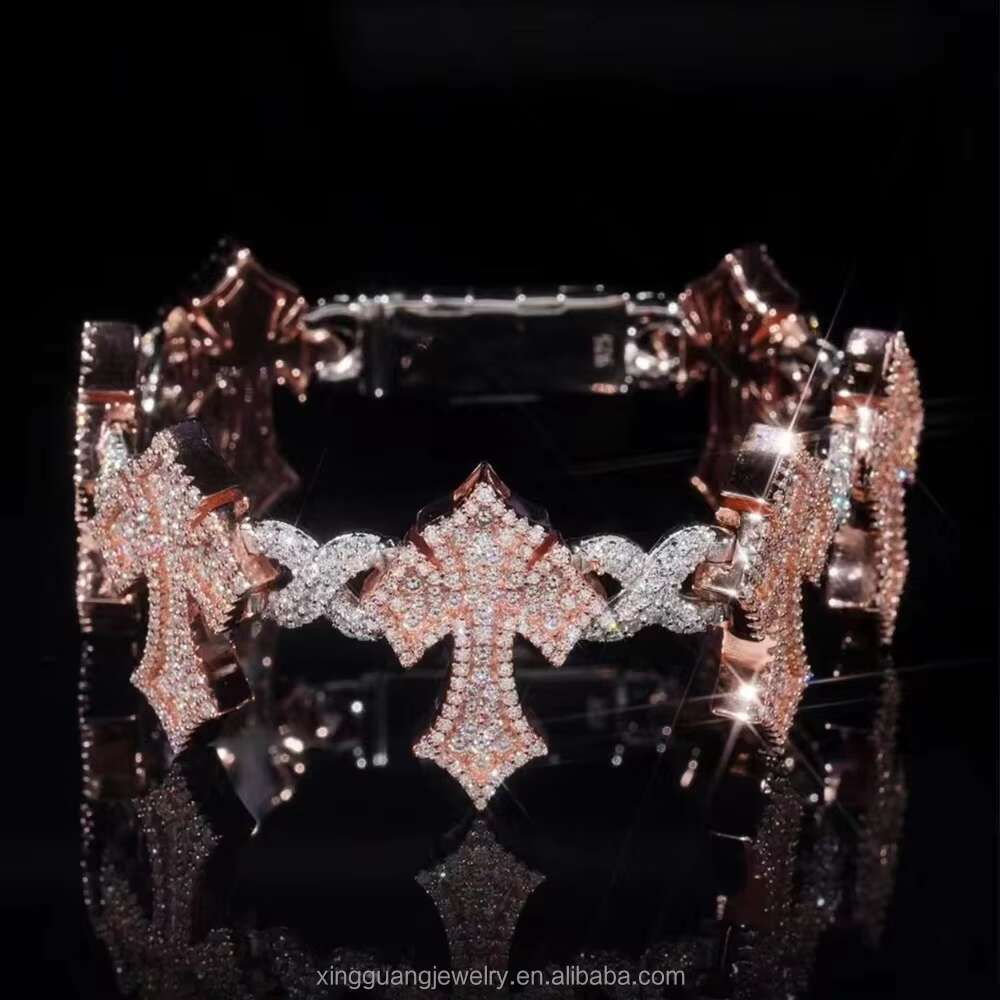 XG Iced Out Cross Moissanite Cuban Bracelets 925 Silver Plated Gold Fine Jewelry Vvs Moissanite Diamond Bracelets for Men/Women