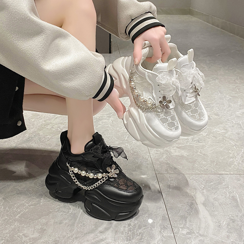 Women's Summer Platform Sneakers Breathable Mesh Lace Casual Shoes Comfortable Luxury Pearl Embellished Non Slip Running Shoes Woman Thick Bottom