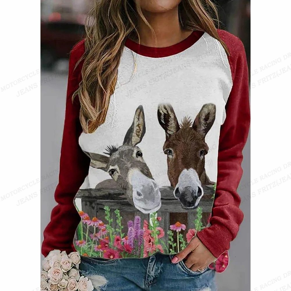 Funny Cat Hoodie Women Fashion Y2k Hoodies Sweatshirt Donkey Print Hoodie O-neck Clothes Animal Pullover Kawaii Sweats Girl Coat 250708
