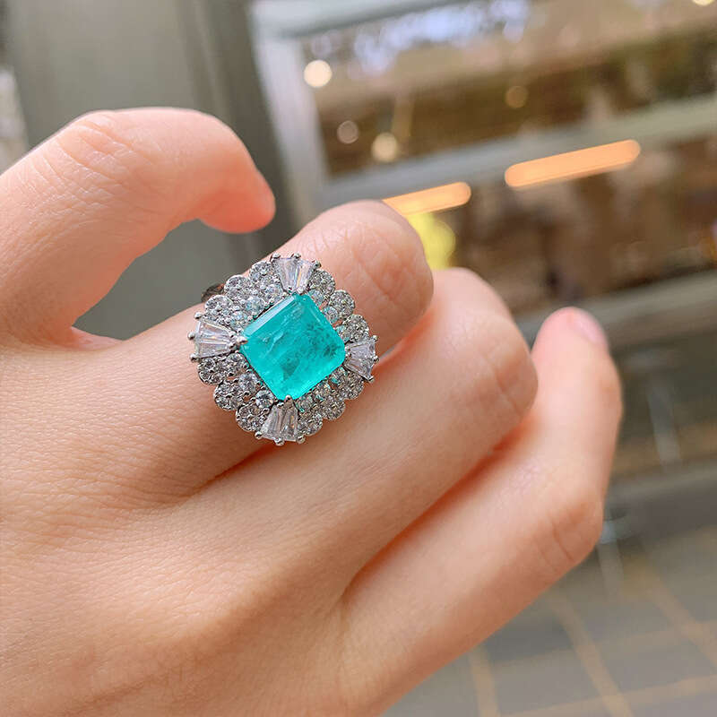 Paraiba Electroplated Simulated Simple Zircon Square Blue Socialite Open Ring For Women Fc6