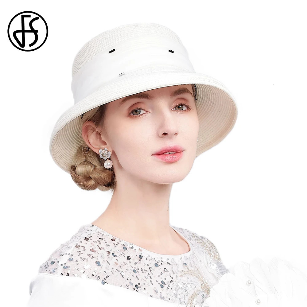 Summer White Church Hats For Women Elegant Wide Brim Straw Bucket Hat Outdoor Beach Sunshade Panama Cap Womens Hat 250707