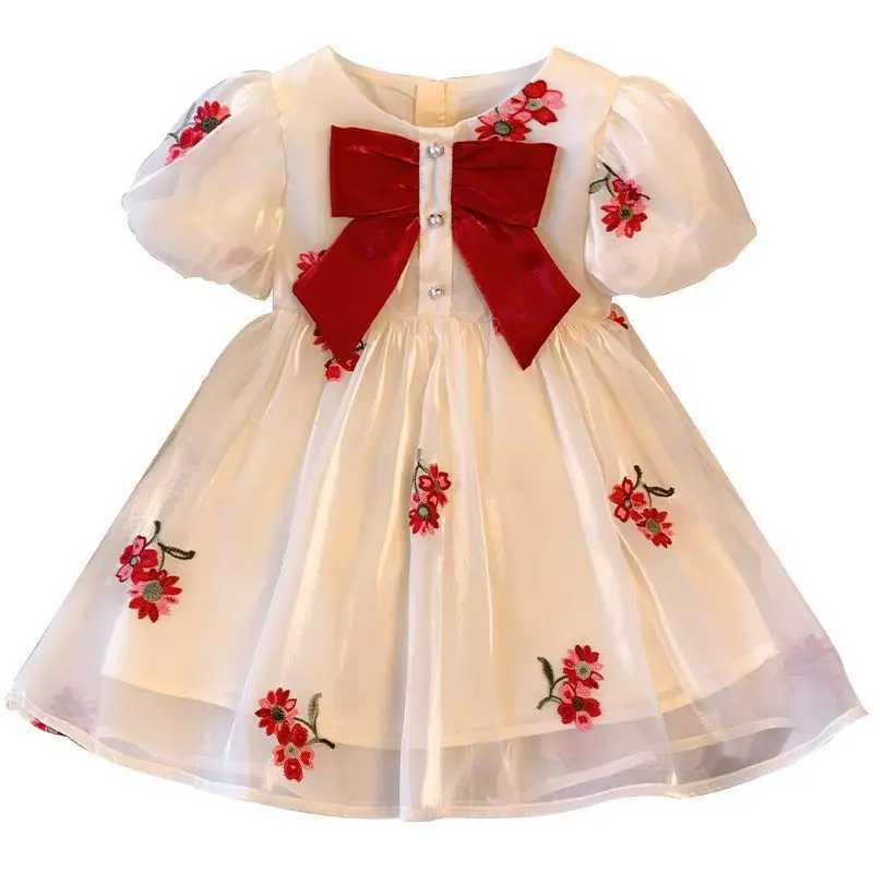 Humor Bear Girls Clothing Puff Sleeves Gauzy Dress Bow Tie Decoration Princess Dress Casual Children Costume R250707
