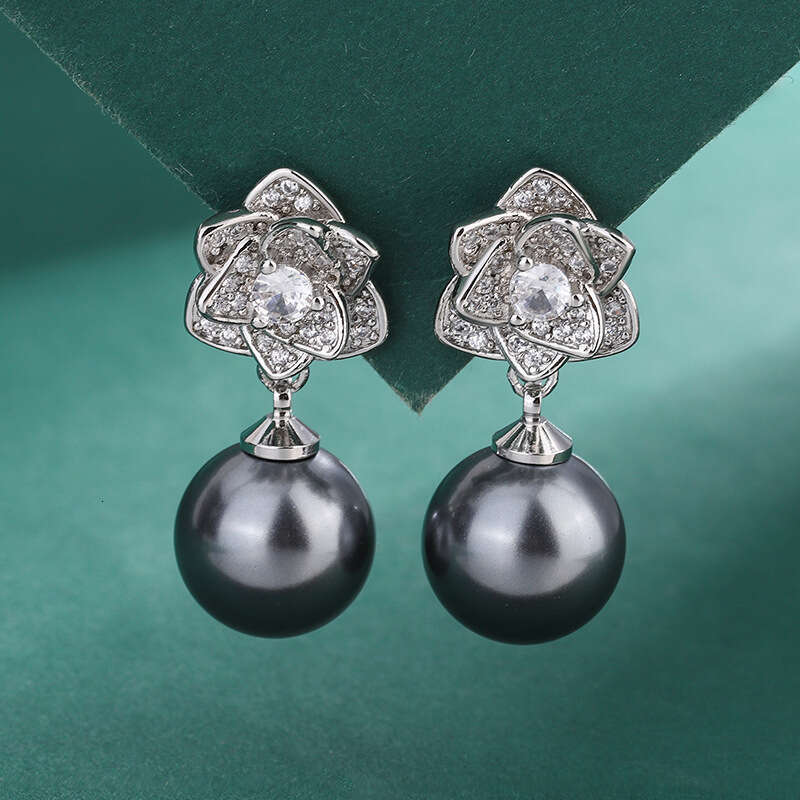 Camellia Set 12Mm Necklace New Inlaid Gray Shell Pearl Stud Earrings For Women Fashion 327