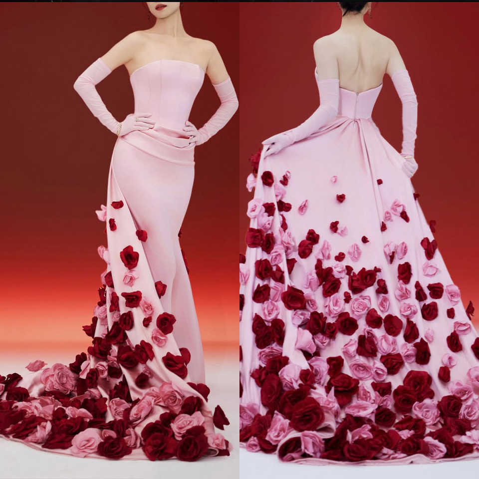 Sweety A-Line Evening Dress Strapless Sleeveless Handmade Flowers Prom Gowns Sheath Floor Length Formal Dresses Customized
