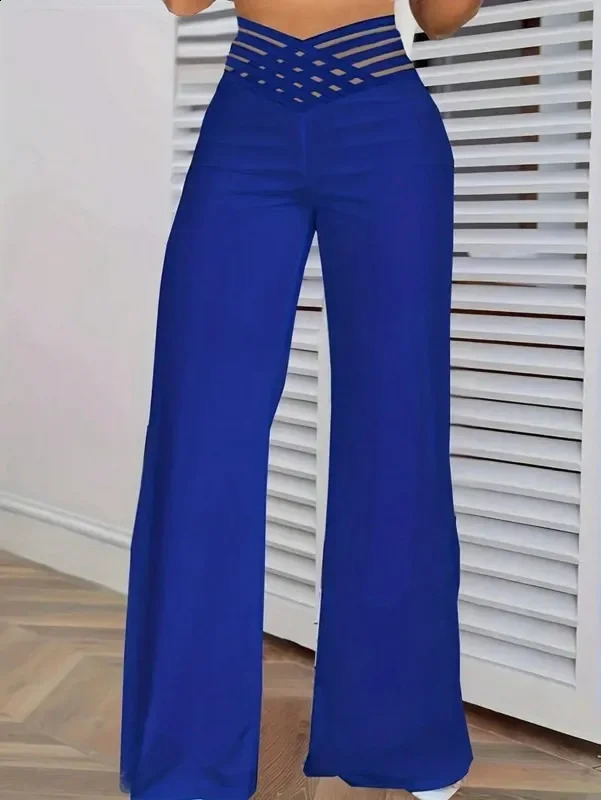 Plus Size 1XL5XL Womens Fashion Transparent Mesh Patchwork HighWaist Pants Casual Comfortable Solid Color Flare 250628