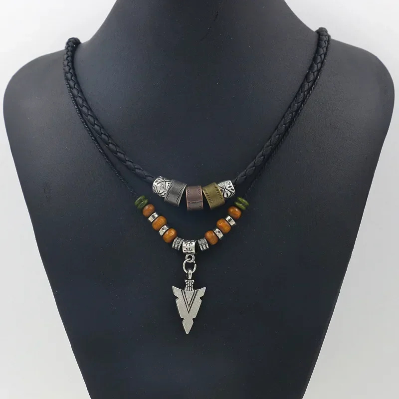 Stacked Artificial Leather Rope Beaded Necklace Men Vintage Layered Tribal Pendant For Jewelry Collar Hombre 250704