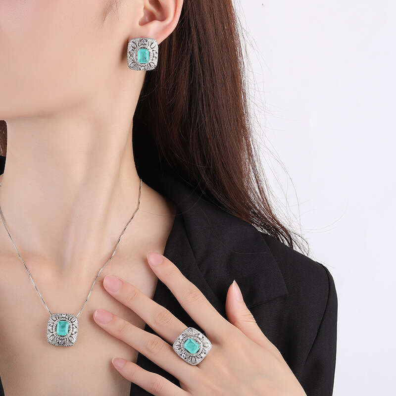 Square Full Dia Zircon Earrings For Women Hollow Paraiba Necklace Pendant Faux Jewelry Set Ring F5f